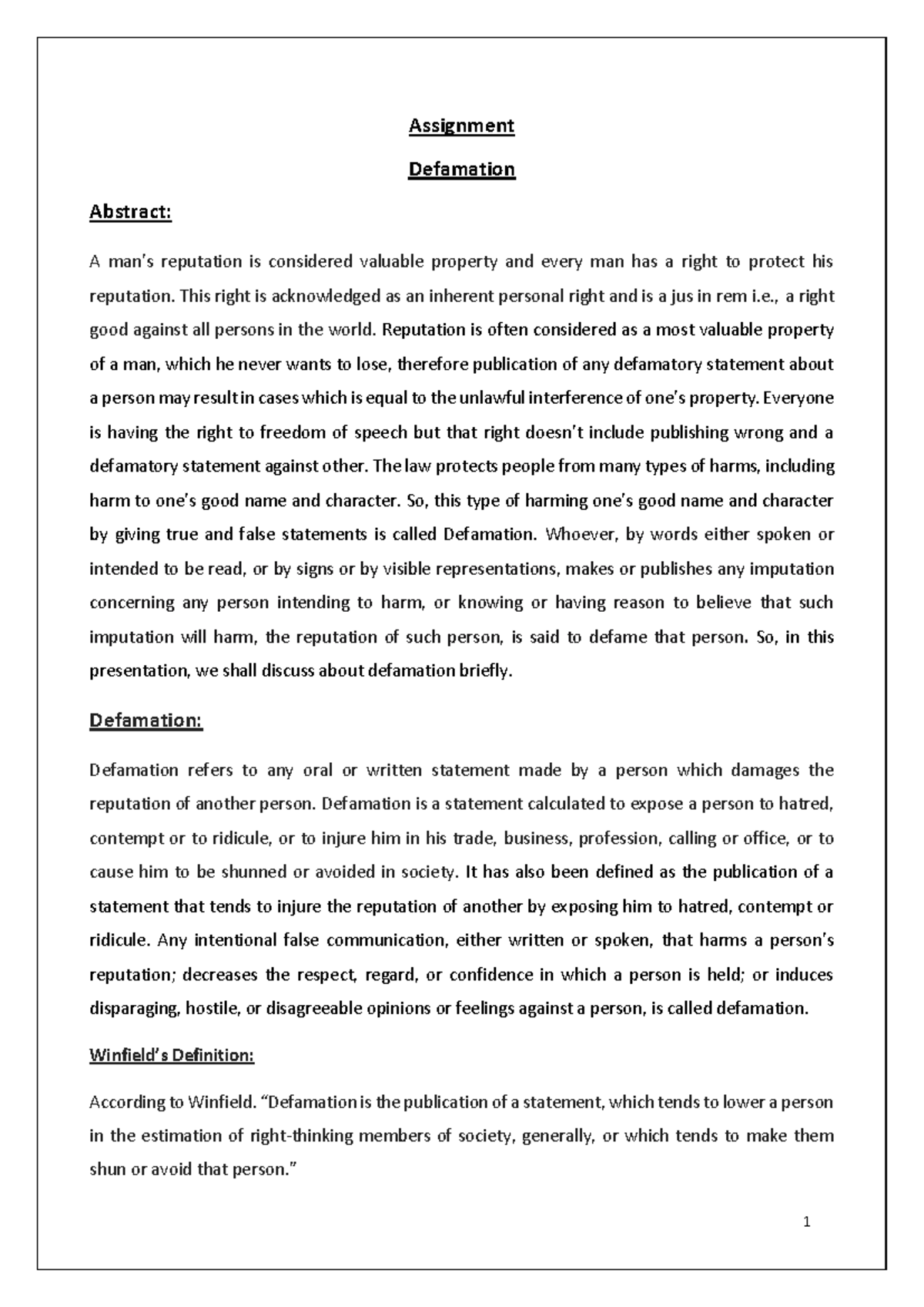 Law of Torts - Defamation - Assignment Defamation Abstract: A man’s ...