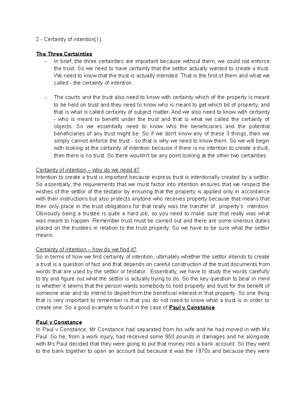 Equity & Trusts: Understanding Certainty of Intention in Law - Studocu