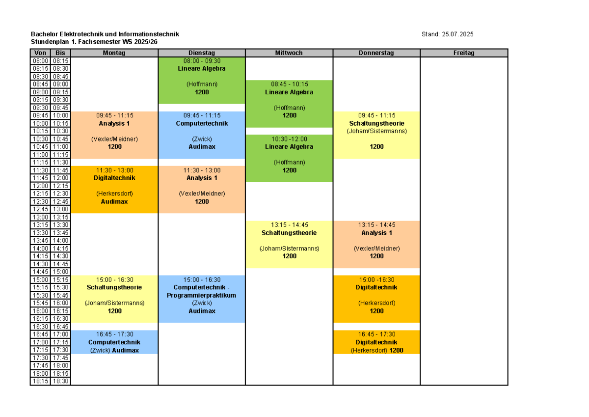 Stundenplan BSEI 1. Fachsemester WS 2025 - Studocu