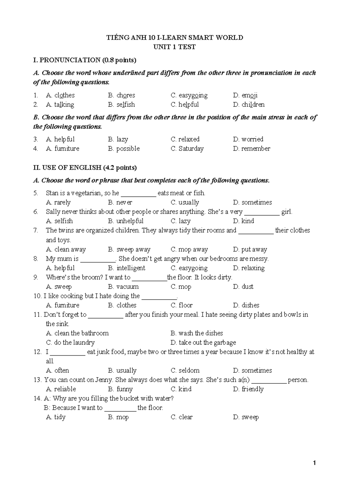 Smart World 10 - Unit 1 Test - TI¾NG ANH 10 I-LEARN SMART WORLD UNIT 1 ...