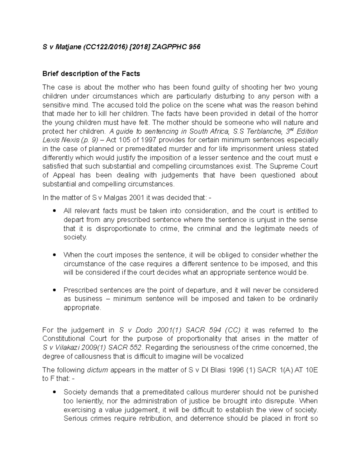 S v Matjane ZAGPPHC 956: Analysis of Sentencing in Child Murder Case ...