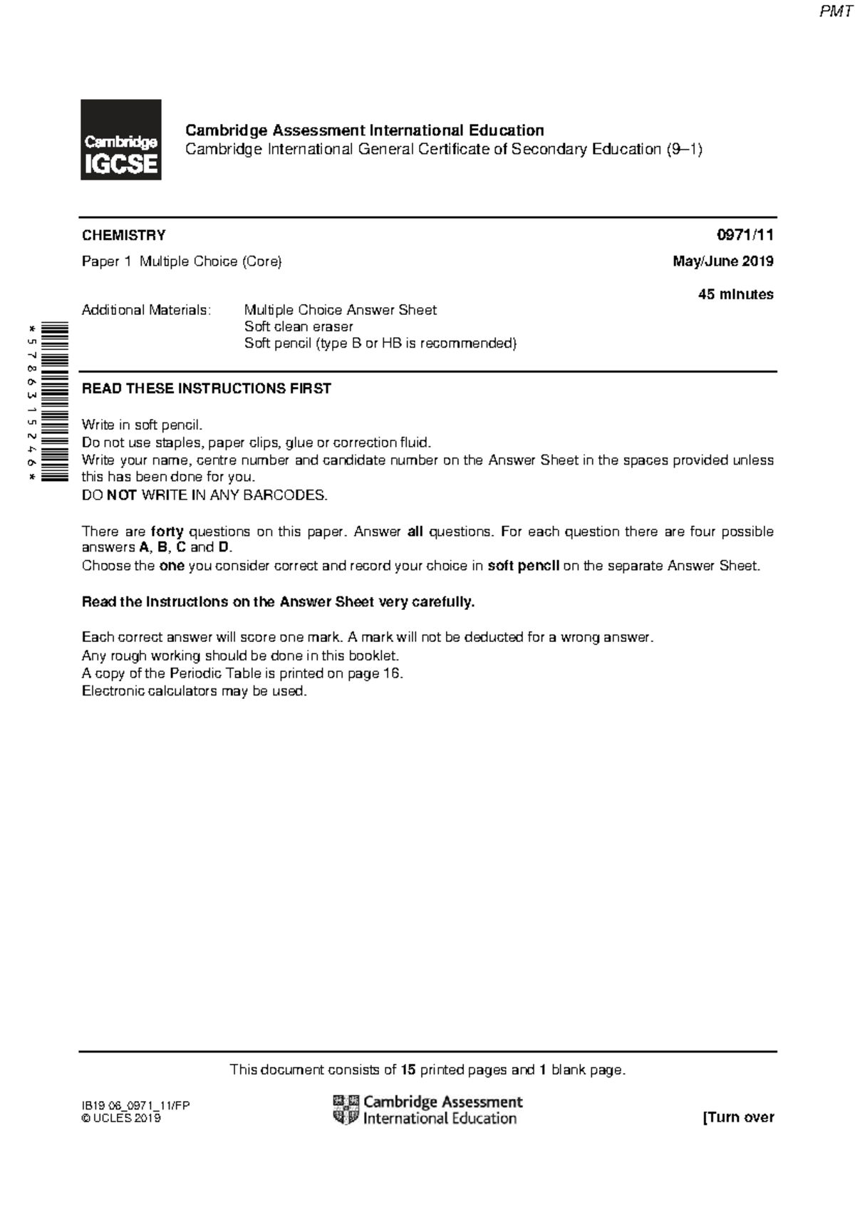 CIE IGCSE Chemistry Paper 1 Multiple Choice June 2019 Exam - Studocu