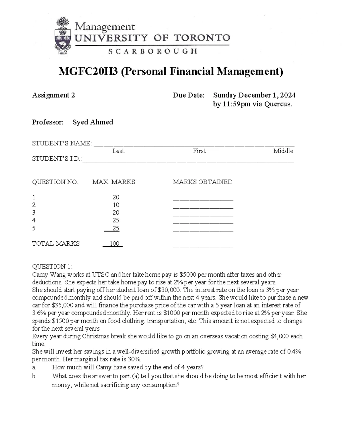 MGFC20H3 Personal Financial Management Final Exam Review 2 - Studocu