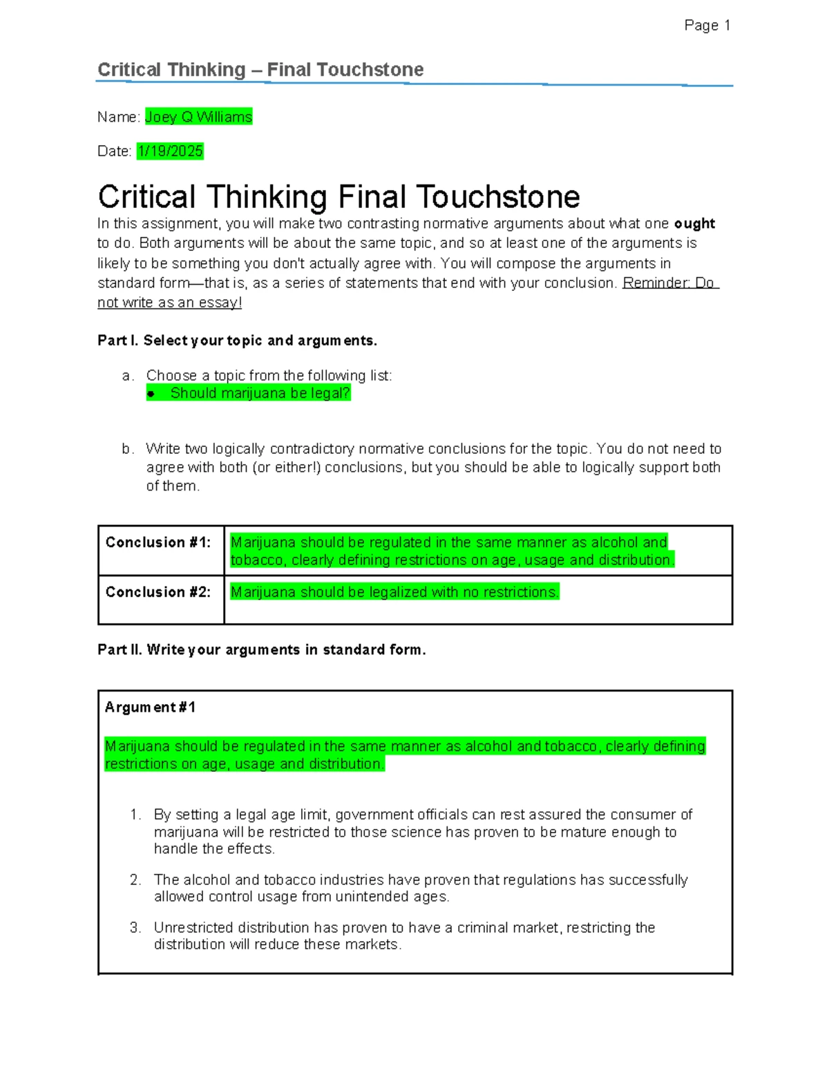 Critical Thinking - Final Touchstone (CT101) on Normative Arguments ...