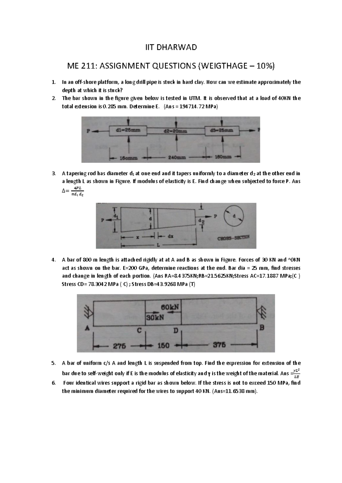 ME 211: Assignment Questions on Mechanics of Materials (Weightage 10% ...