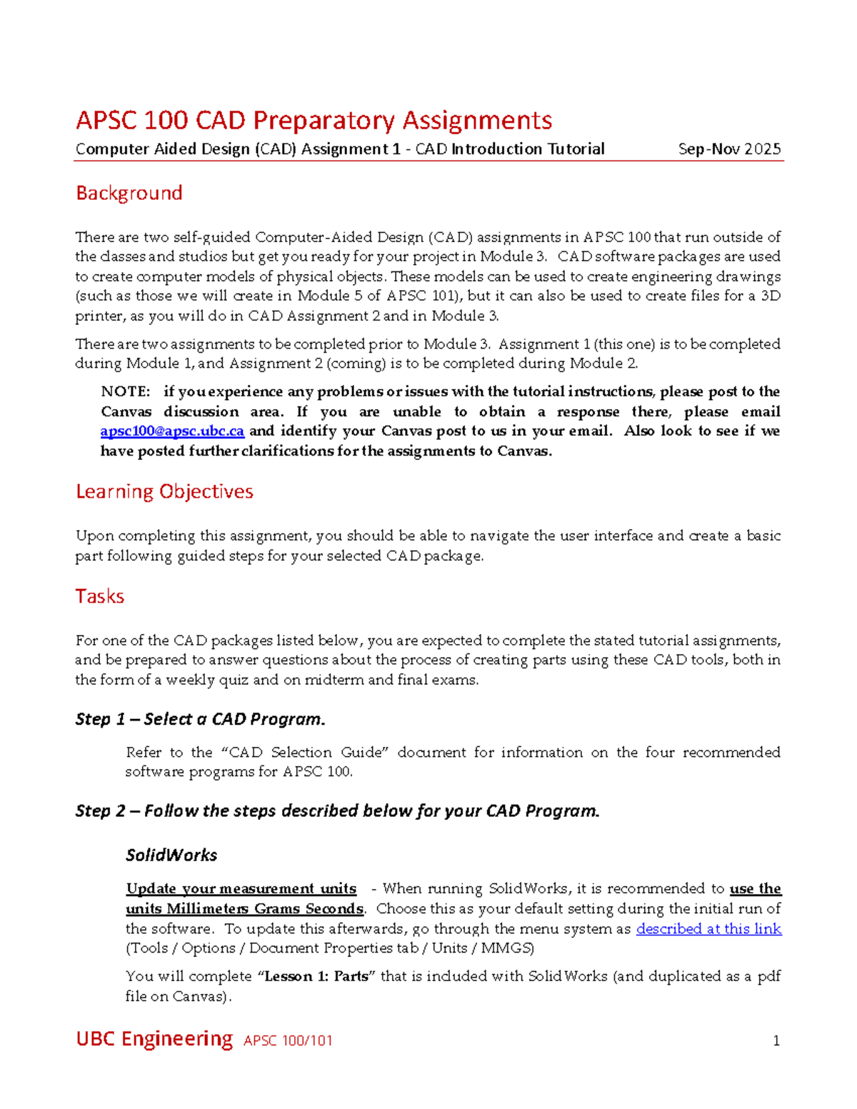APSC 100 - CAD Assignment 1: Self-Guided Tutorial Overview - Studocu