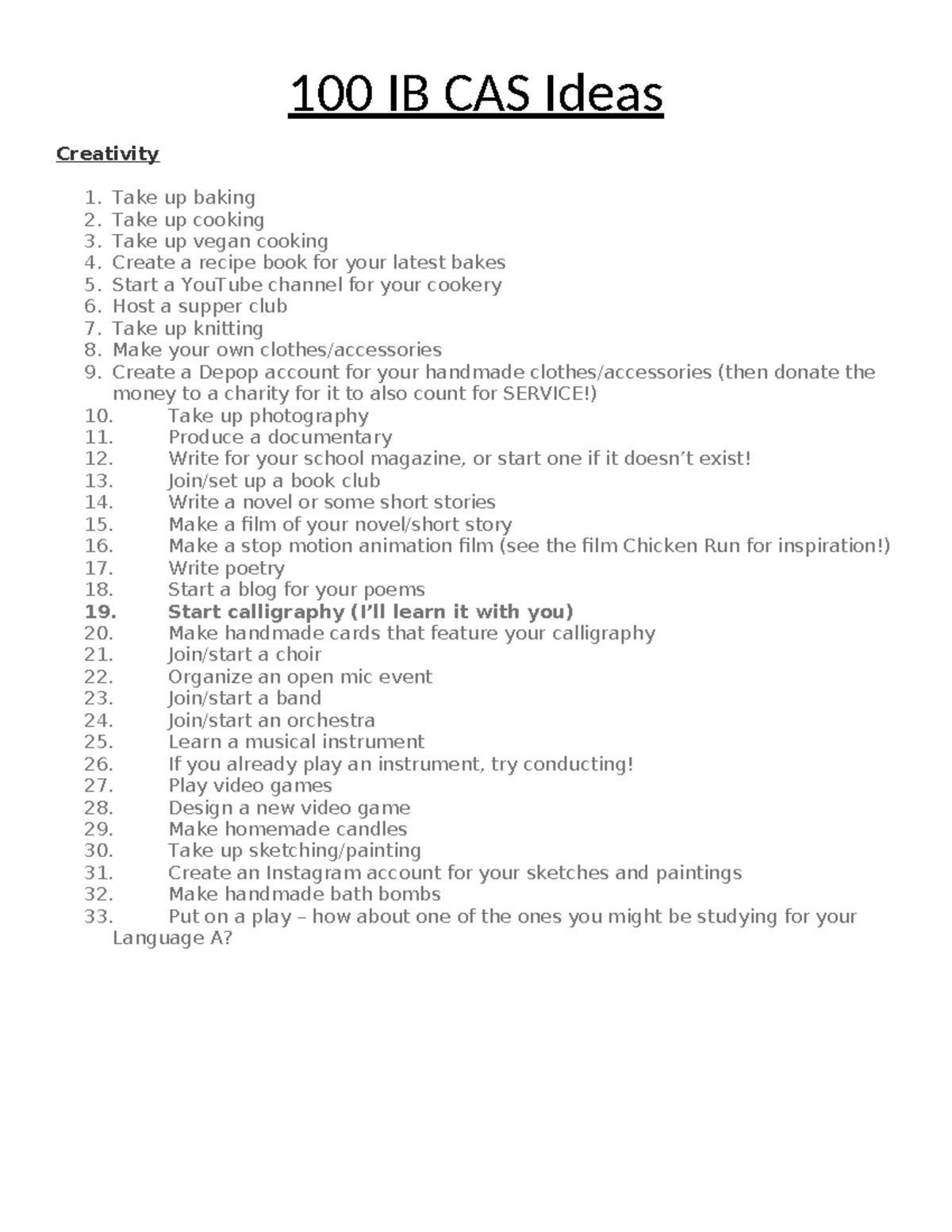 100 IB CAS Ideas for Creativity and Service Activities - Studocu
