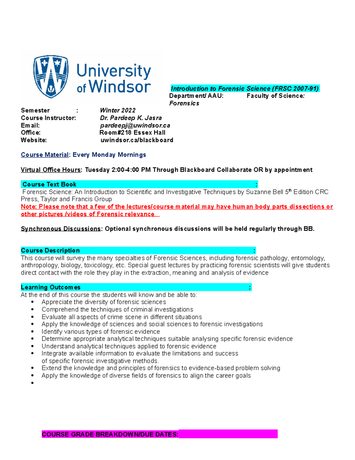 Forensic Science Course Outline & Syllabus FRSC 2007-91 W2022 - Studocu
