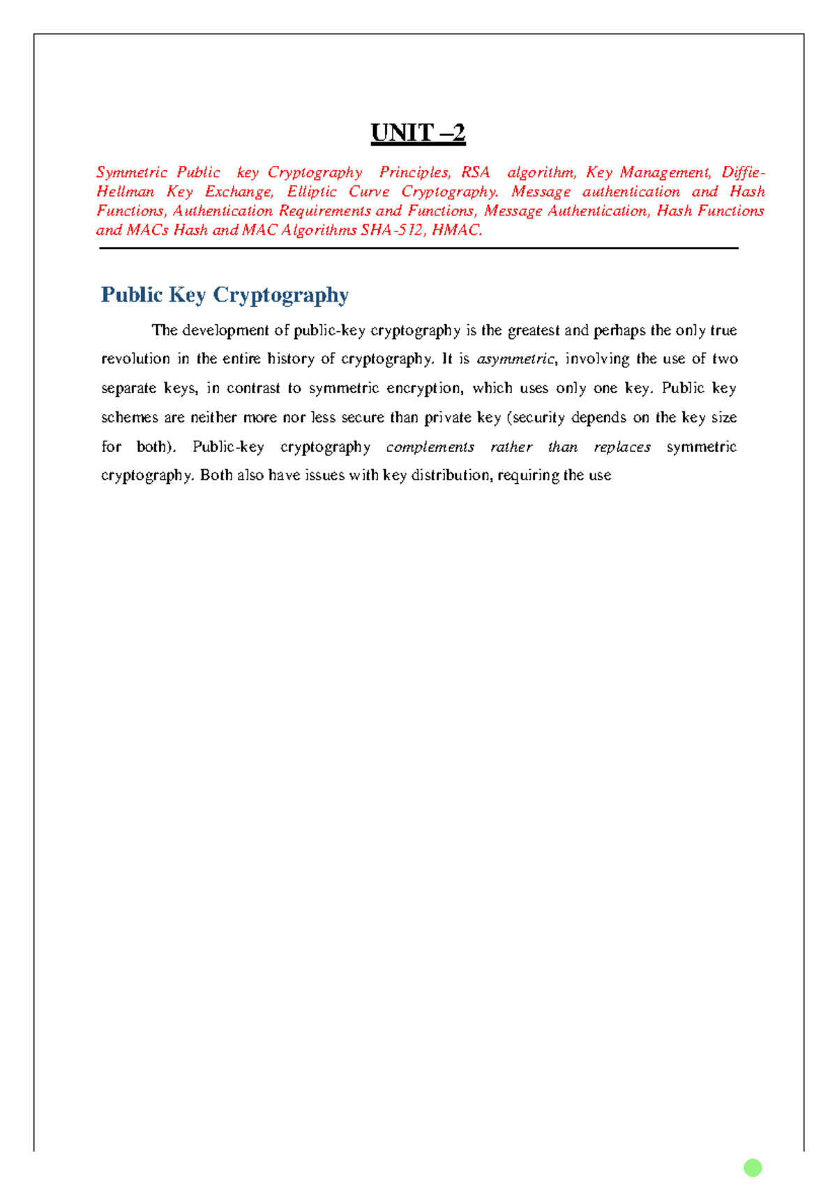 Public Key Cryptography & Algorithms: Unit-II Notes - Studocu