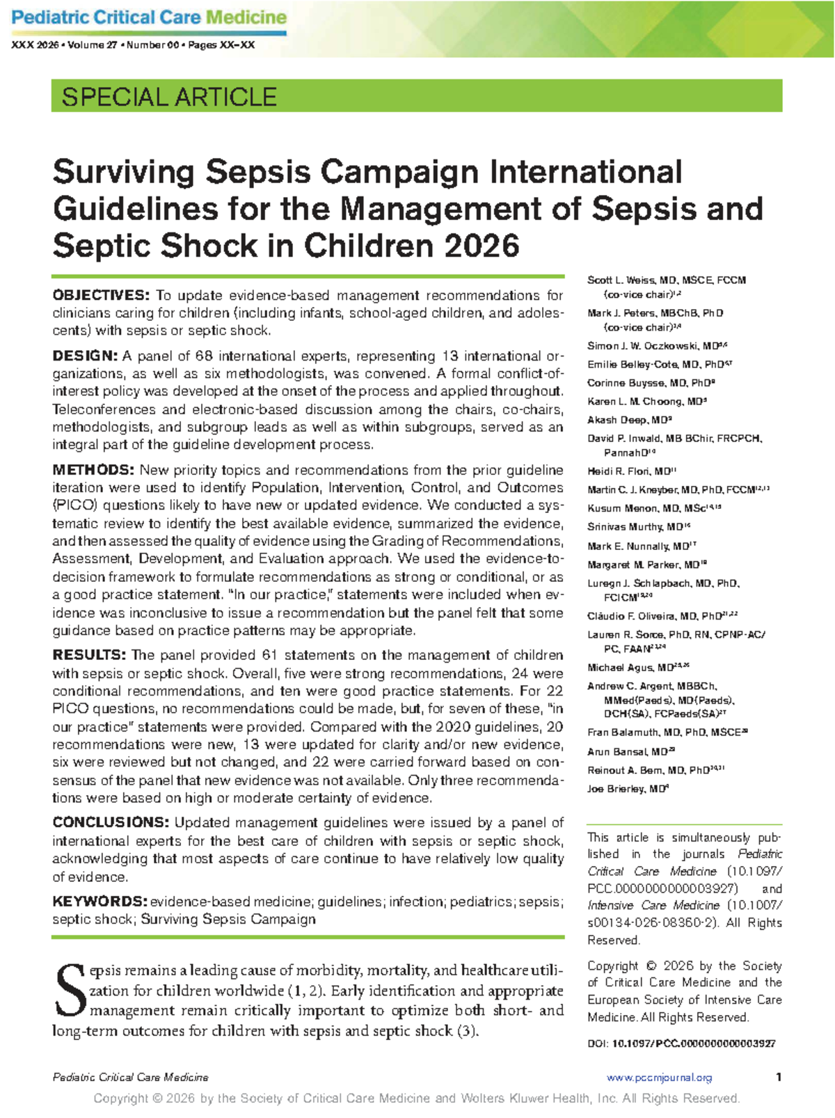 2026 Surviving Sepsis Campaign Guidelines for Pediatric Sepsis ...