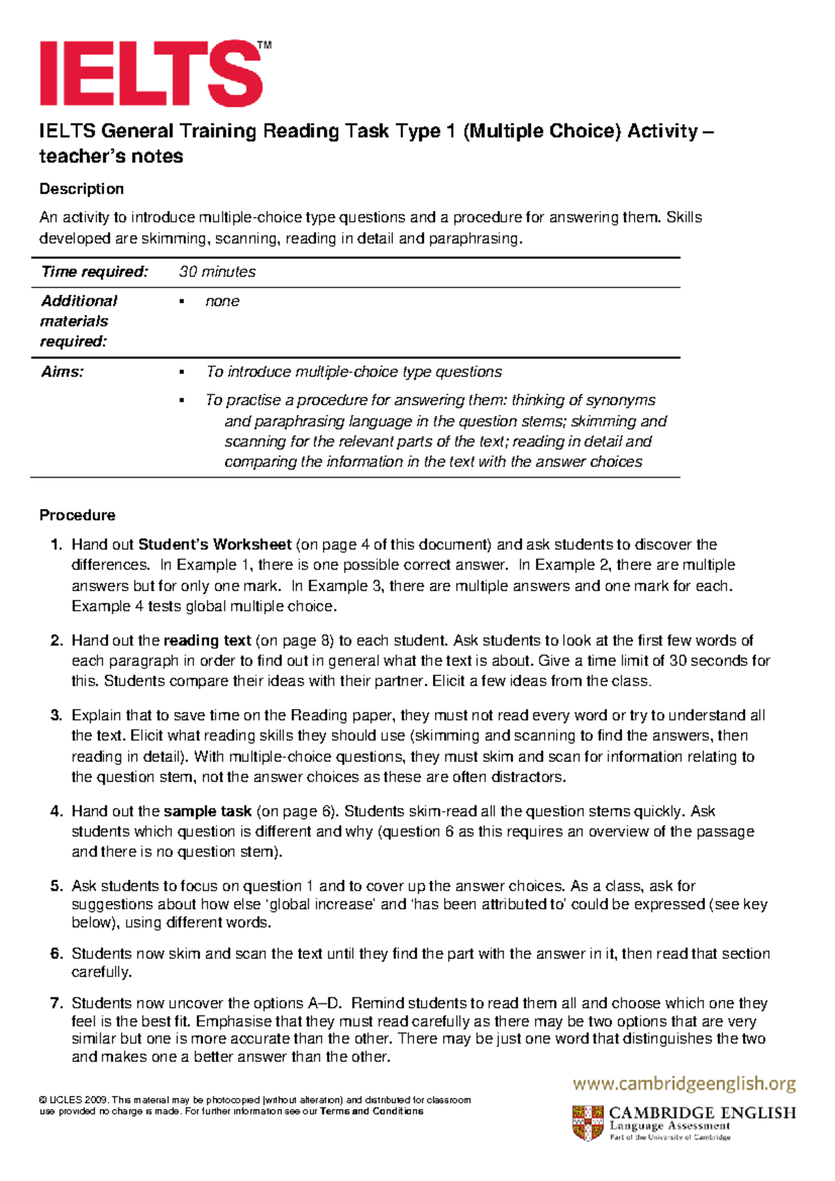 Ielts general training reading task type 1 multiple choice activity ...