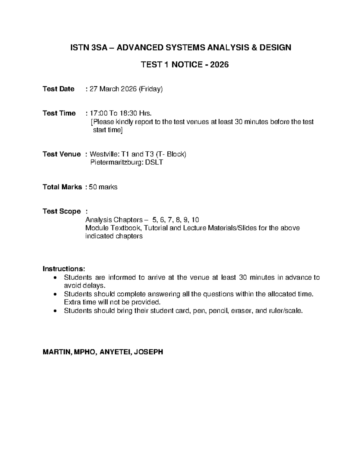ISTN 3SA Advanced Systems Analysis Design Test 1 Notice 2026 - Studocu