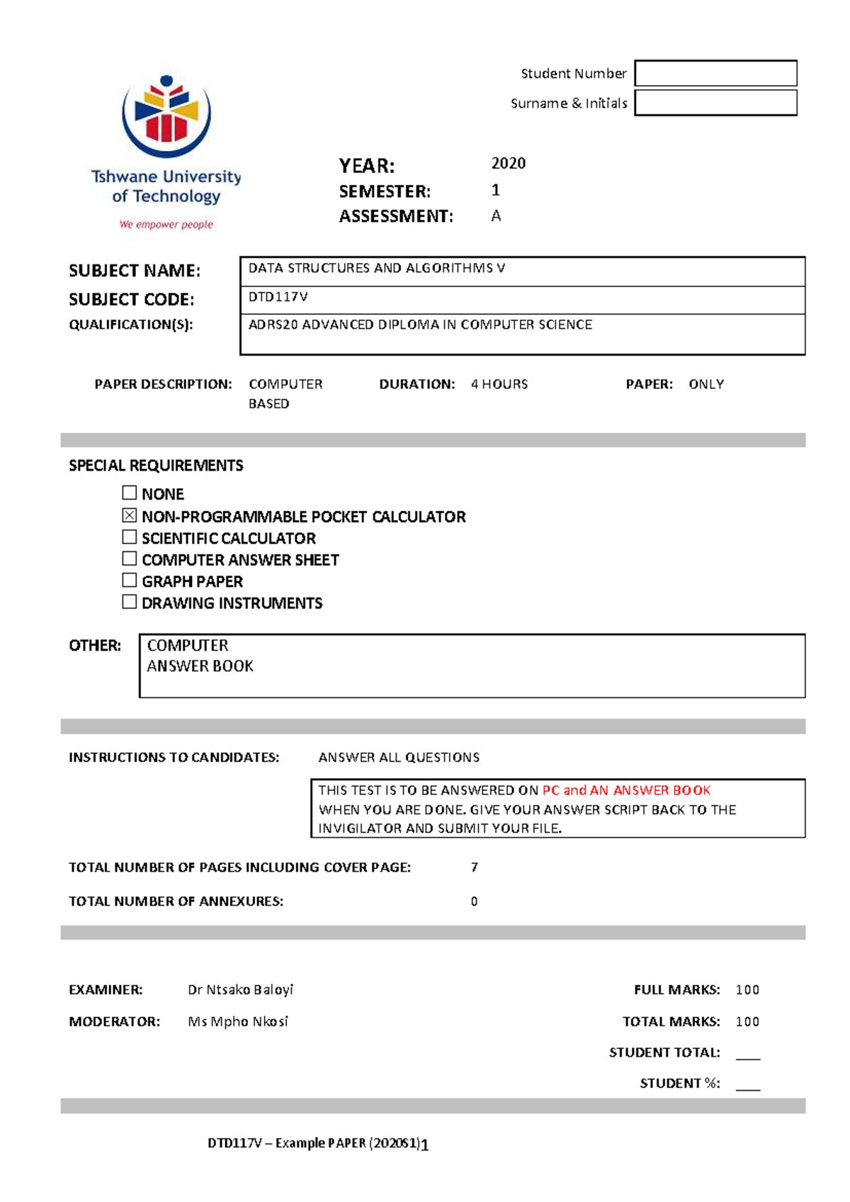 Assessment 2020A: DTD117V Data Structures & Algorithms Exam Paper - Studocu