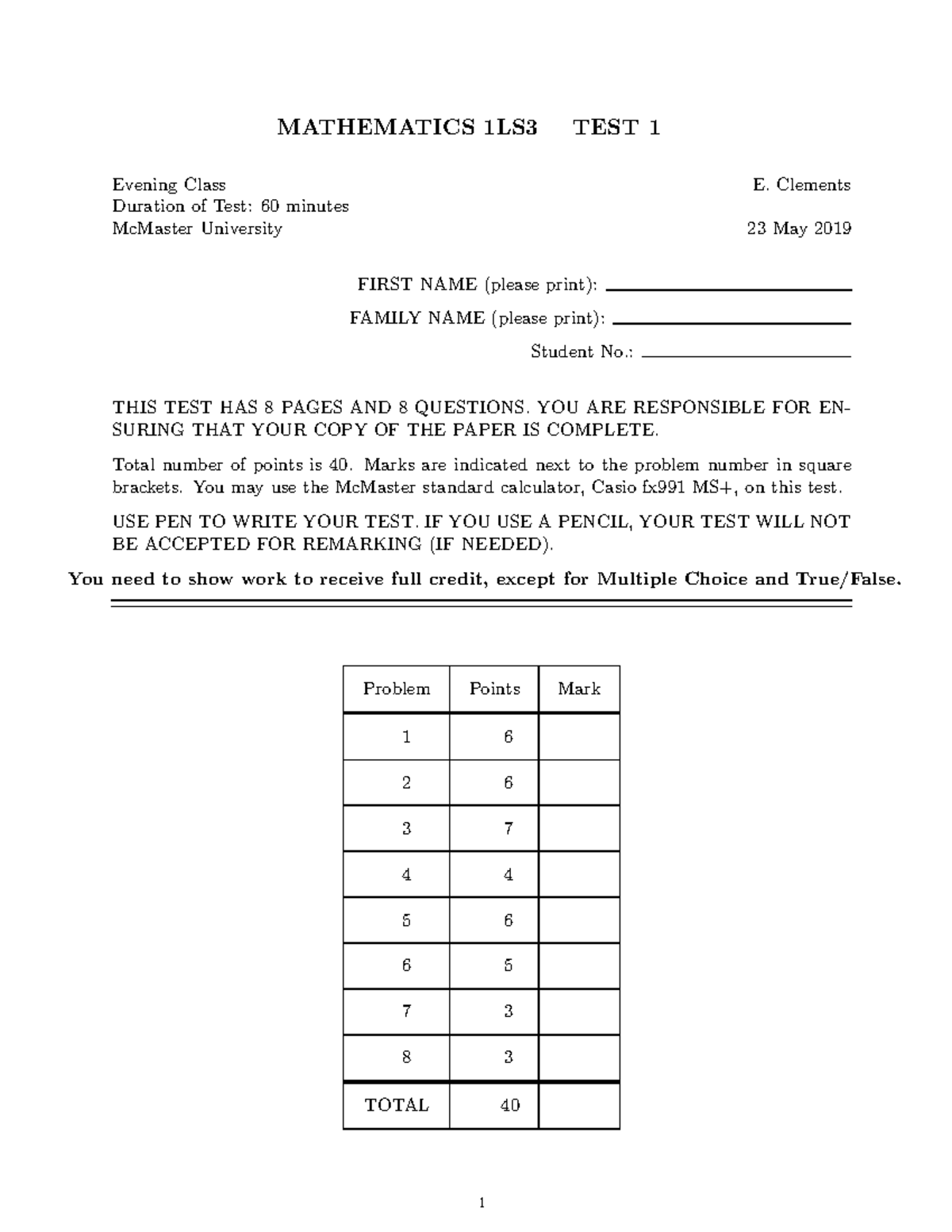 Math1LS3 T1 spring 2019 - MATHEMATICS 1LS3 TEST 1 Evening Class E ...