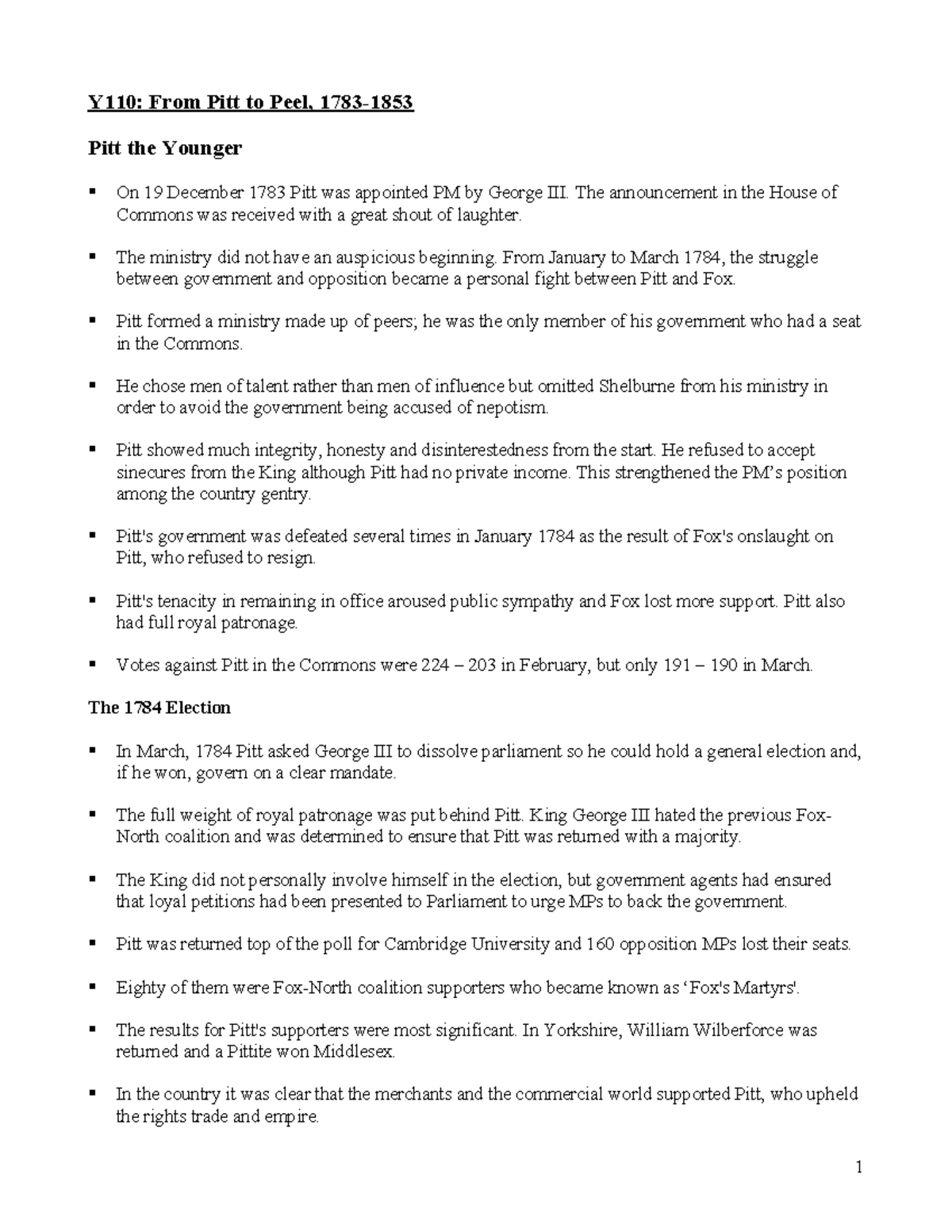 Y110: From Pitt to Peel - Revision Notes and Key Insights - Document Preview