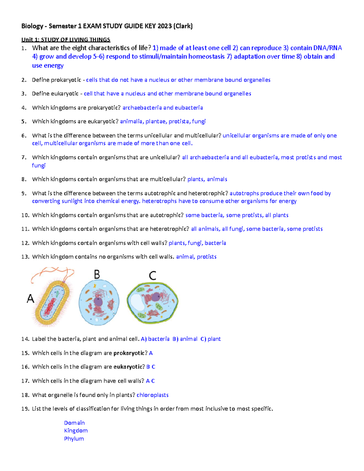 Studyguide - I need answers - Biology Semester 1 EXAM STUDY GUIDE KEY ...
