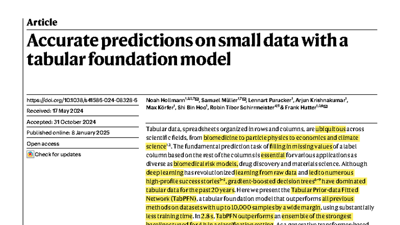TabPFN: A Tabular Foundation Model for Accurate Predictions on Small ...