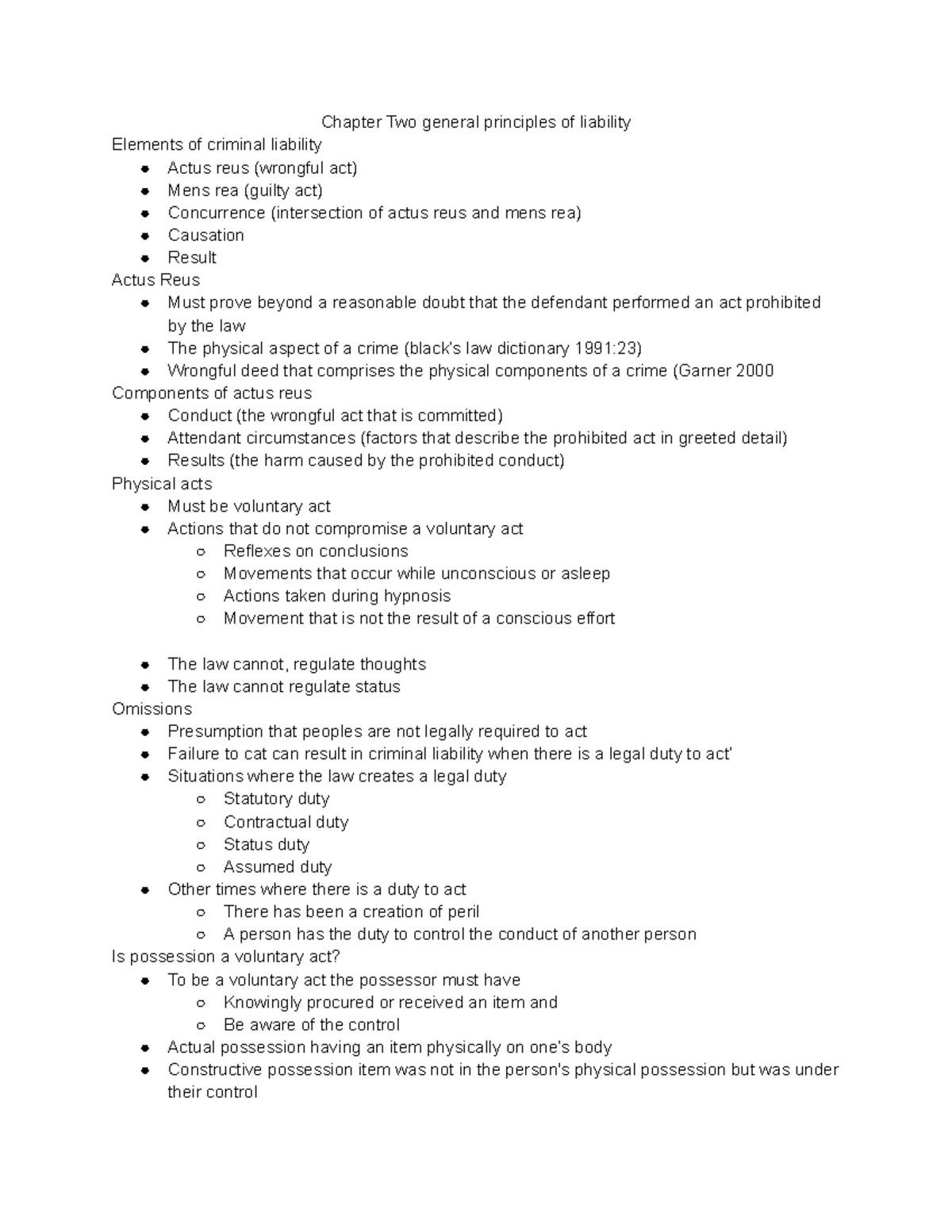 Criminal Law - Chapter 2 Notes on Liability Principles and Elements ...