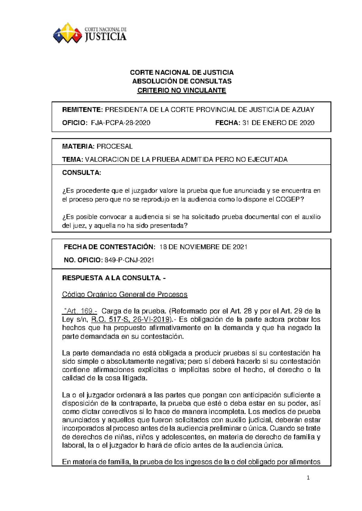 Valoración de Prueba Admitida Sin Ejecución: Análisis Legal COGEP - Studocu