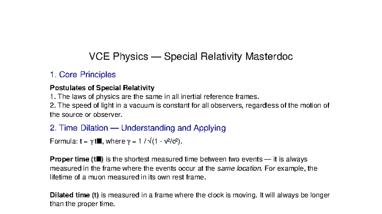 VCE Physics Special Relativity Masterdoc: Core Principles & Formulas ...