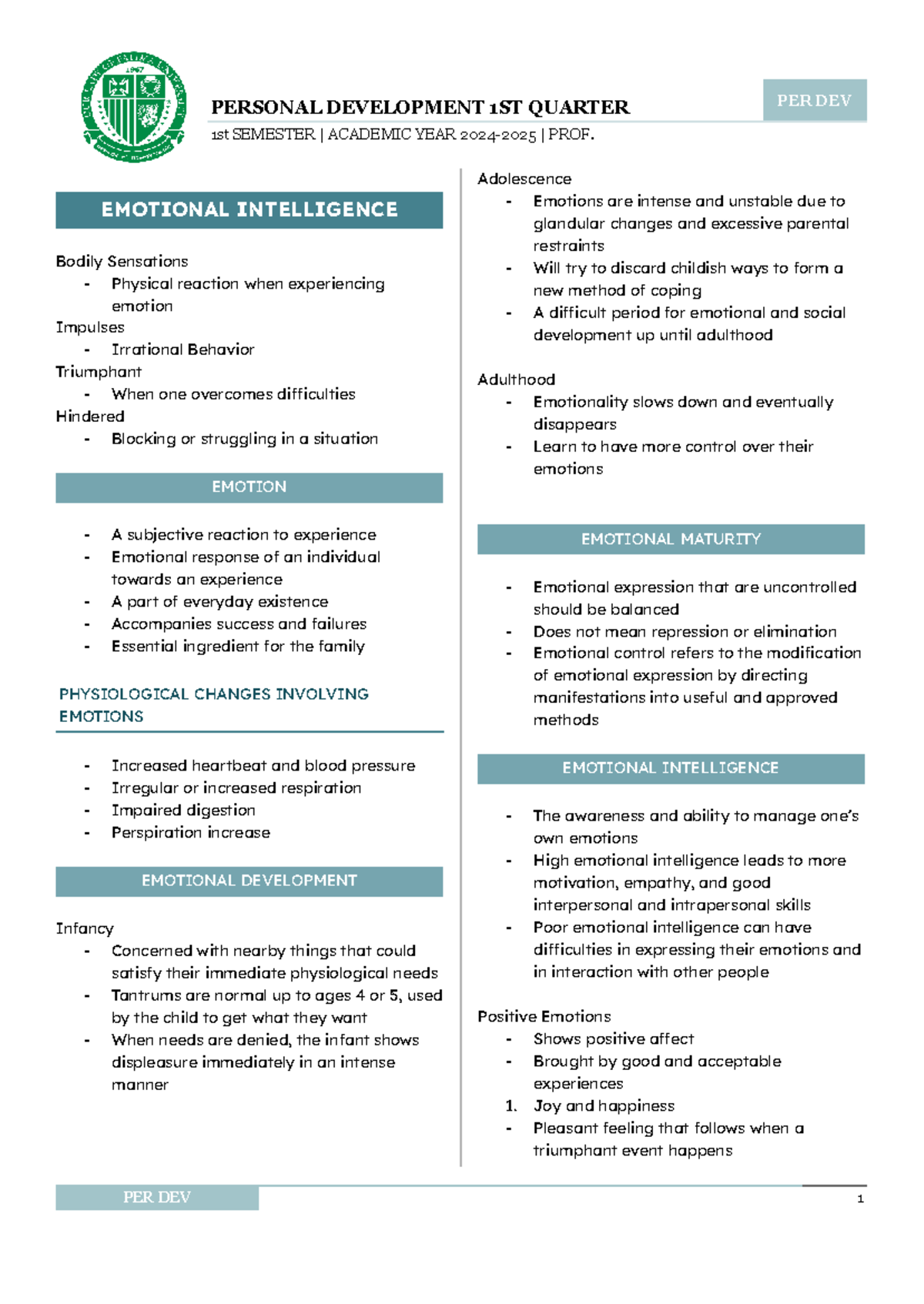 PERSONAL DEVELOPMENT 1ST QUARTER PER DEV 1st SEMESTER ACADEMIC YEAR ...