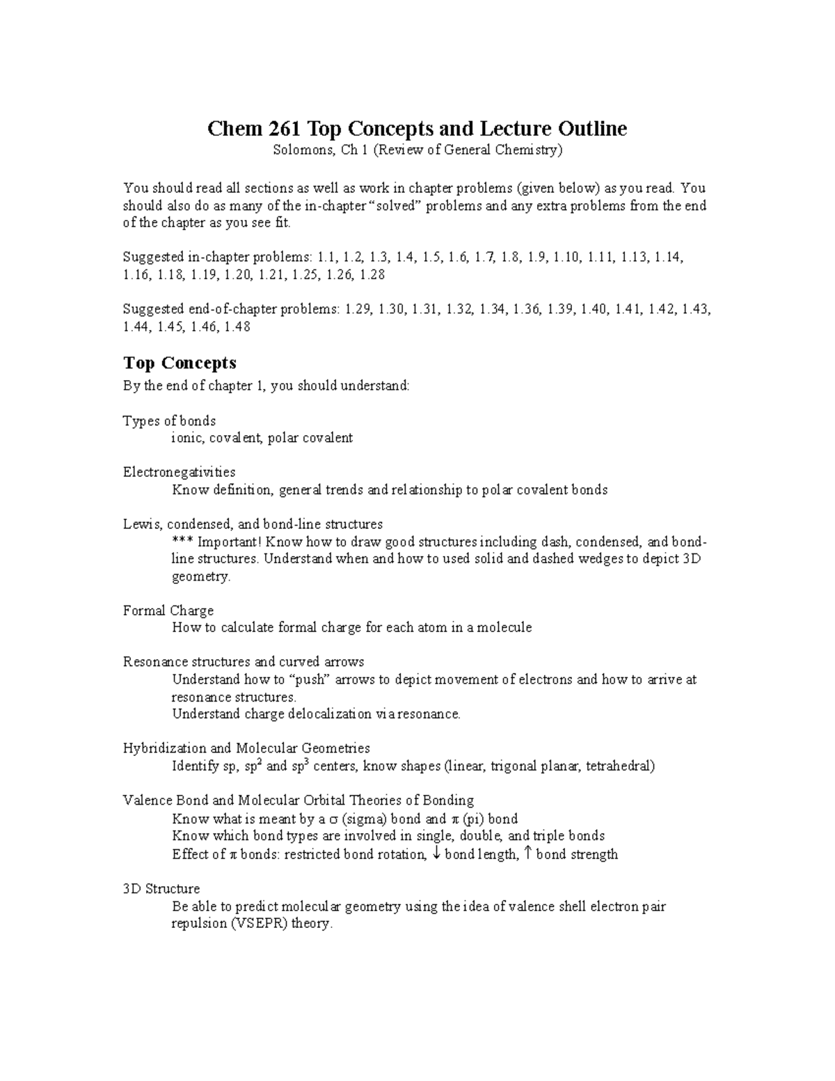 CHEM 261 Final Exam Review: Key Concepts from Chapter 1 Outline - Studocu