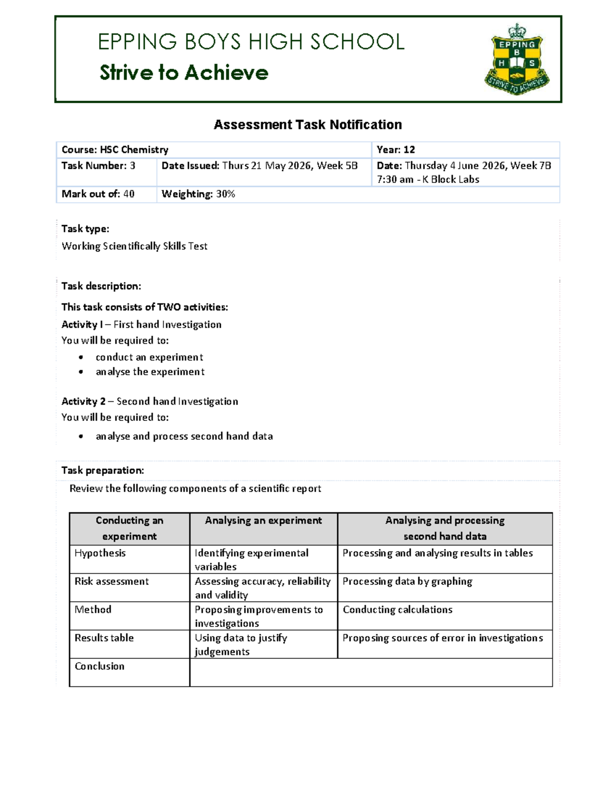 HSC Chemistry Year 12 Task 3 Notification - Studocu