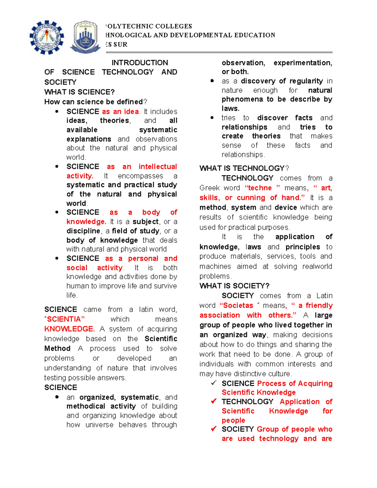 CSPC TD 101: Introduction to Science, Technology, and Society - Studocu