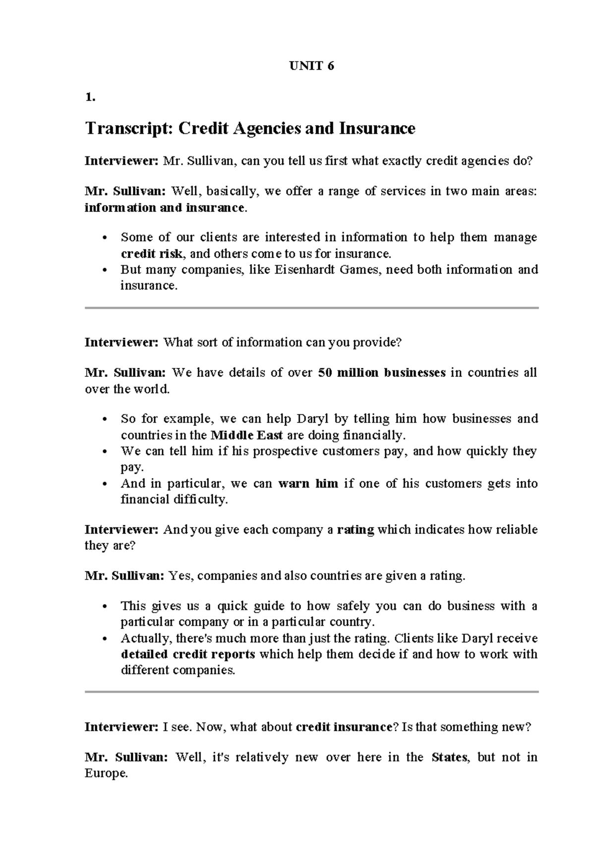 UNIT 6 - Transcript: Credit Agencies & Business Insights - Studocu
