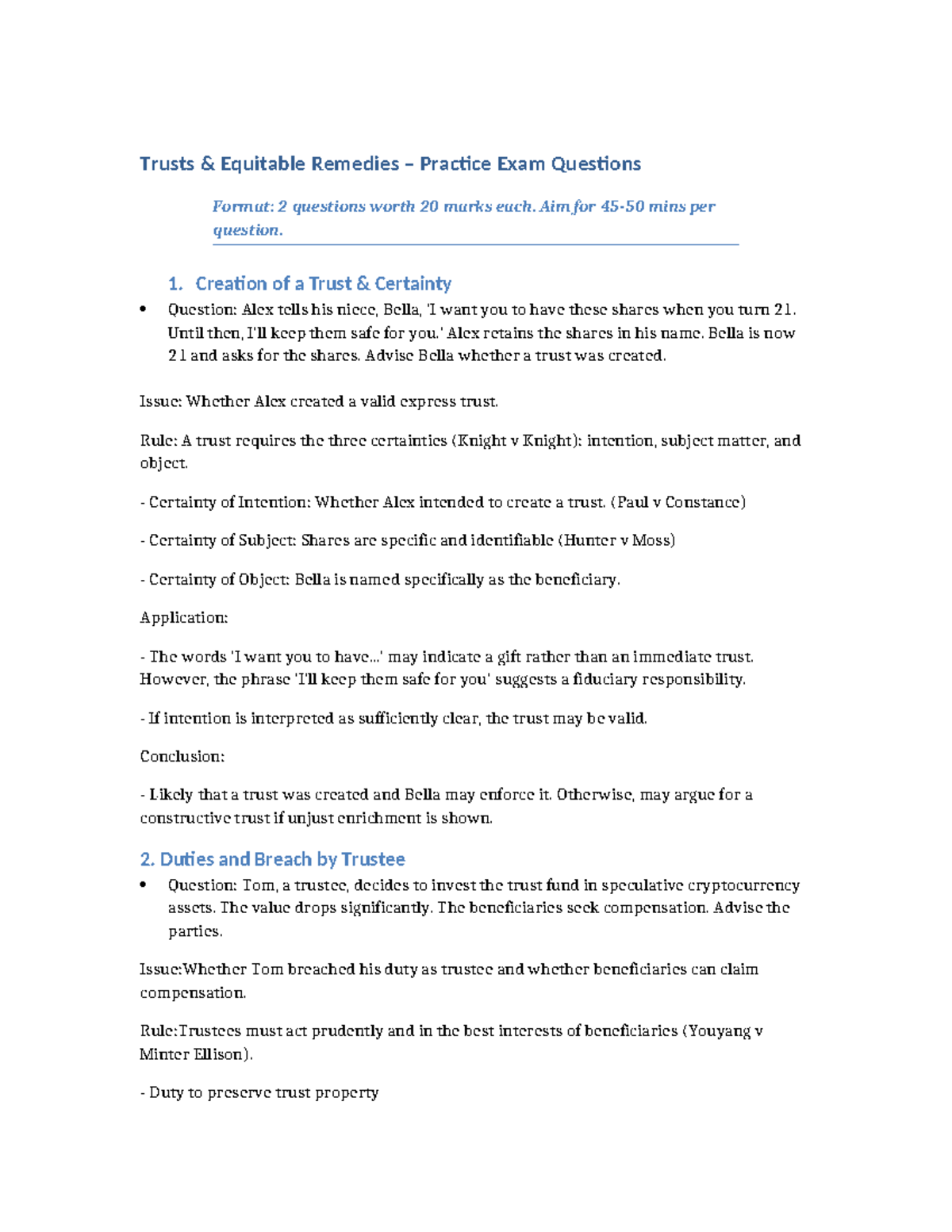 Trusts Equitable Remedies Practice Exam Questions (20 Marks Each) - Studocu