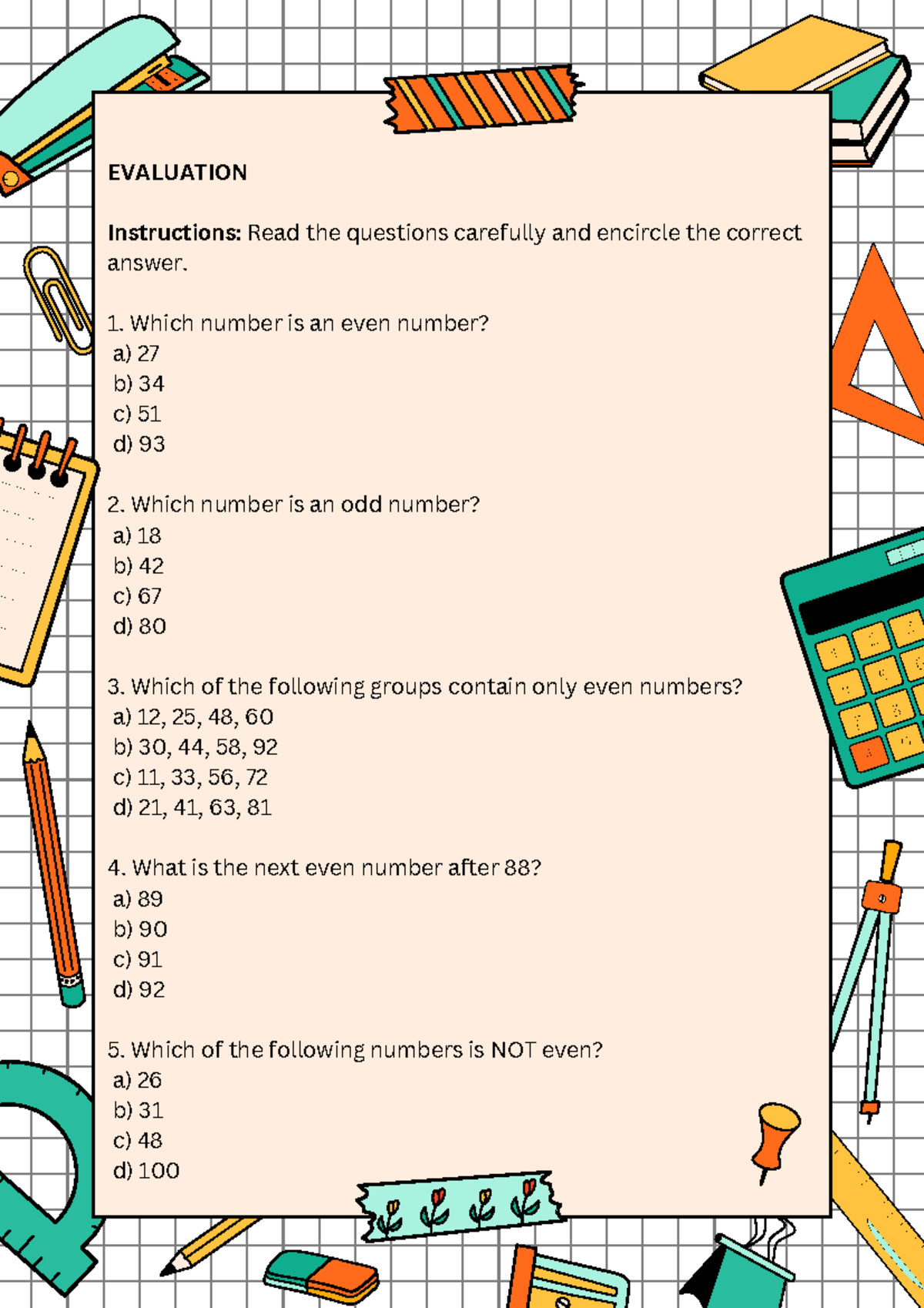 MATH 101: Even and Odd Numbers Evaluation Quiz - Studocu