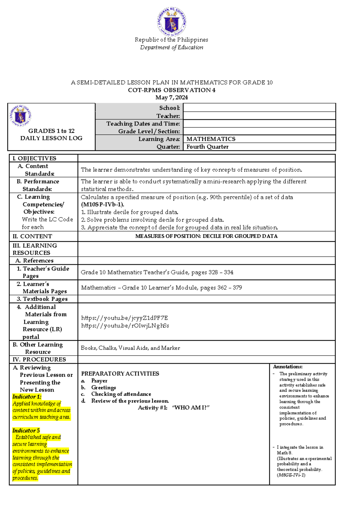 Measures of Position: Decile for Grouped Data - Lesson Plan M10SP-IVb-1 ...