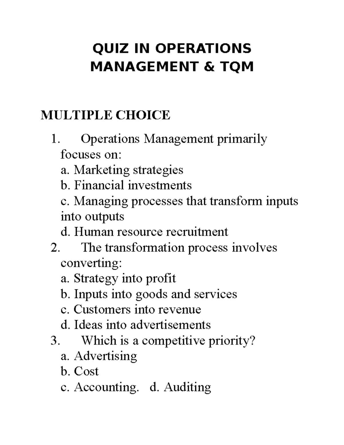 QUIZ IN OM TQM: Key Concepts & Multiple Choice Questions - Studocu