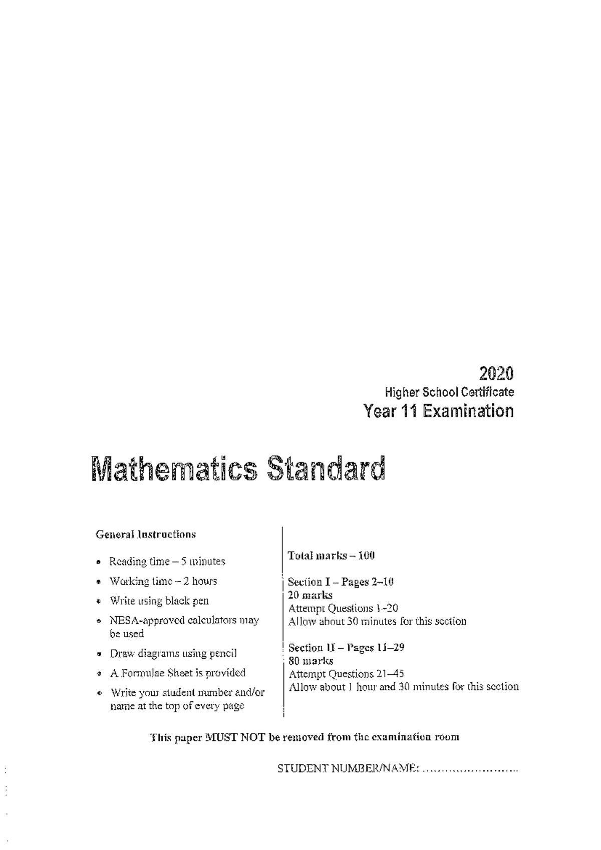 2020 HSC Year 11 Mathematics Standard Exam Instructions & Questions ...