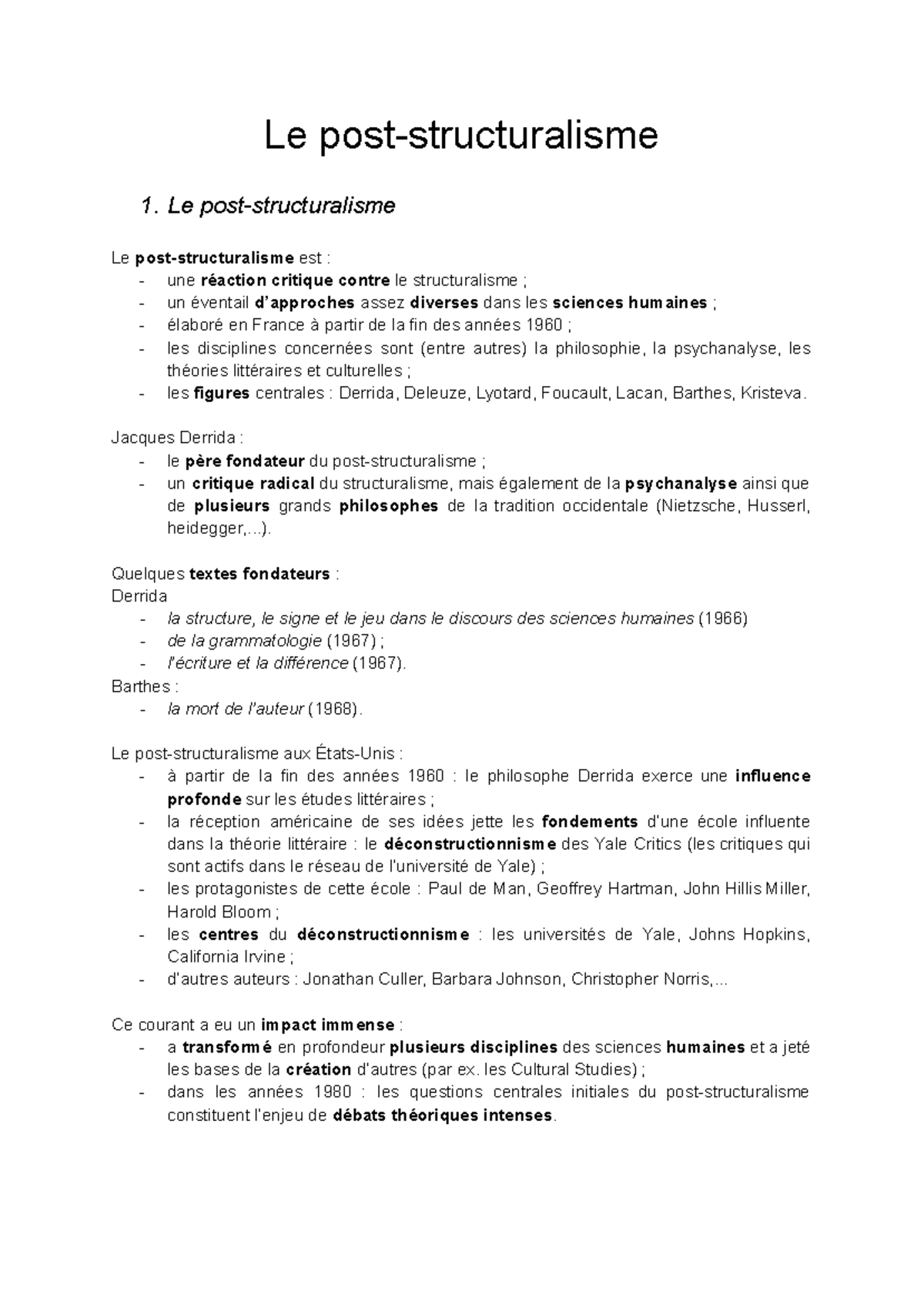 Le post-structuralisme : Concepts, Derrida et leurs critiques - Studocu