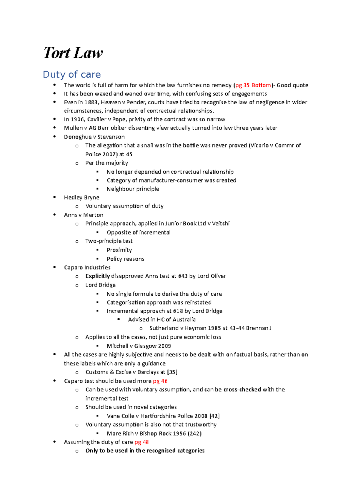 Tort Law Case Studies and Duty of Care Analysis - Law 101 - Studocu