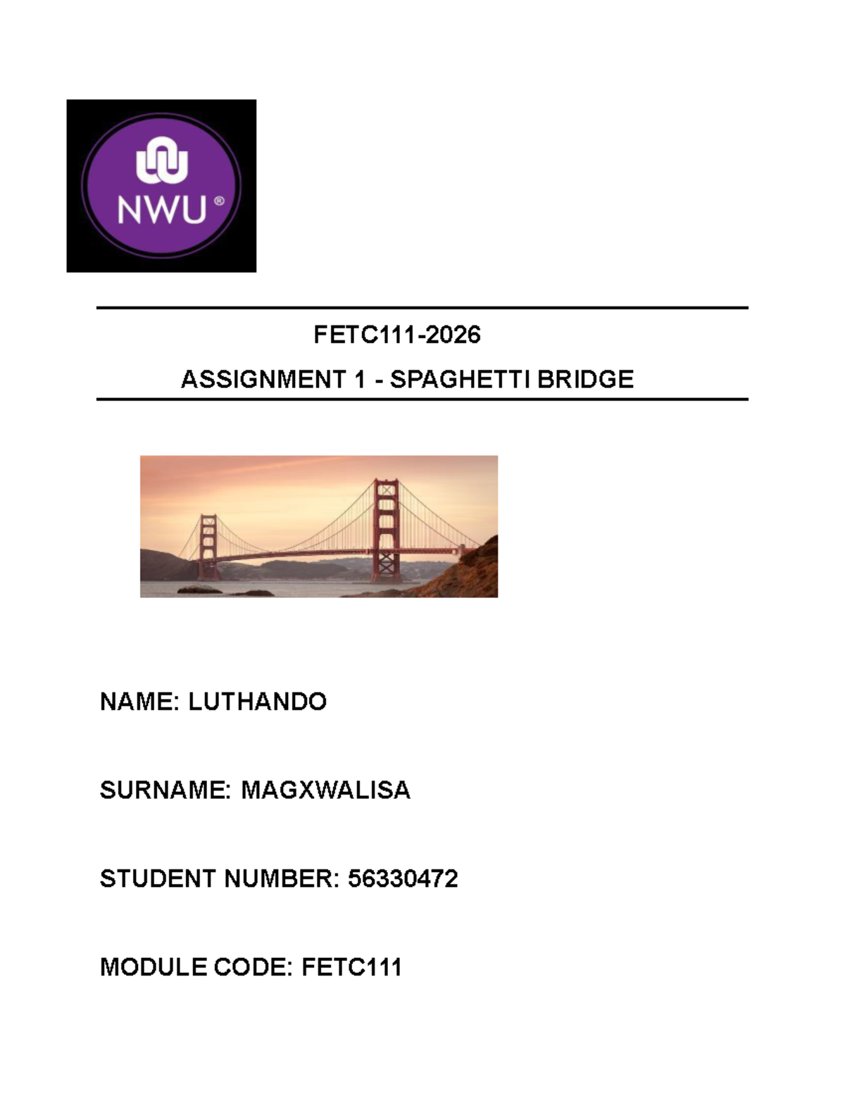 FETC 111 Assignment 1: Spaghetti Bridge Design Brief - Studocu