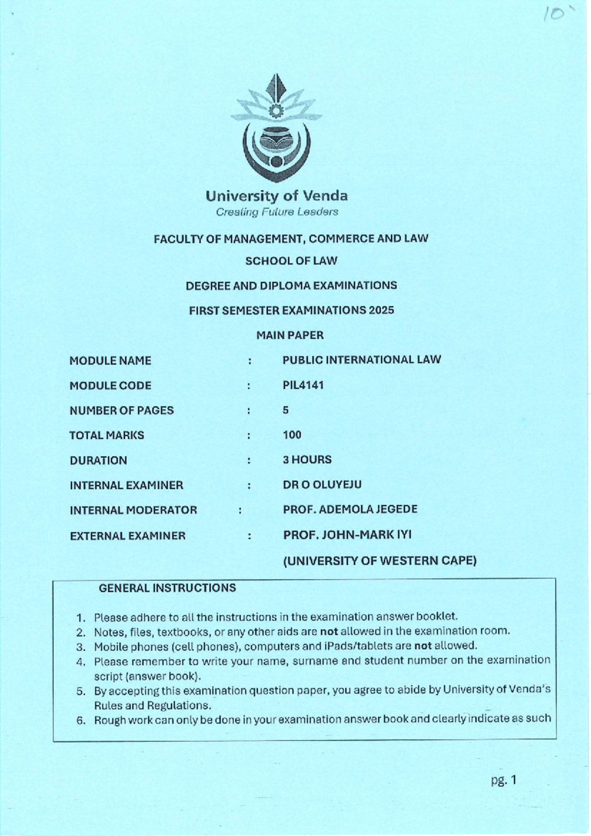 PIL4141 Public International Law Exam Paper - First Semester 2025 - Studocu