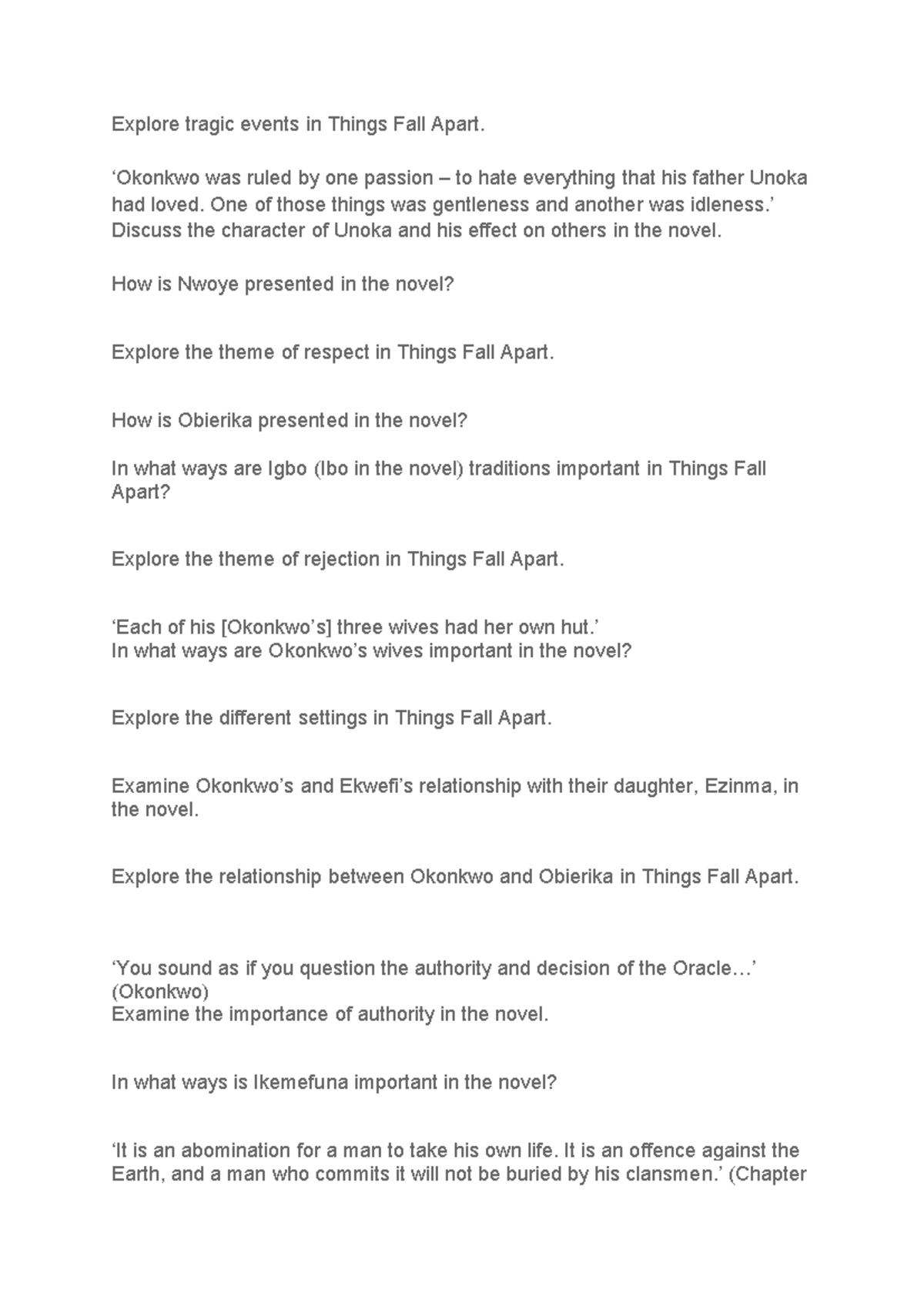 Things Fall Apart Past Exam Questions & Analysis (ENG 201) - Studocu