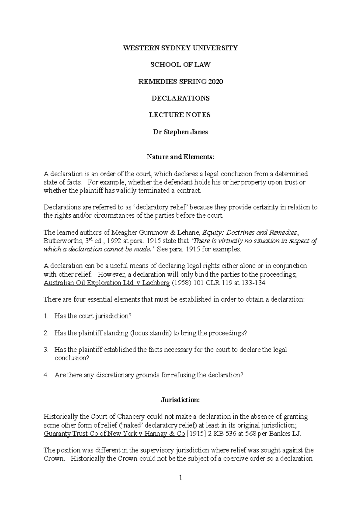 Declarations - Remedies LAW 1010 Lecture Notes by Dr. Janes - Studocu