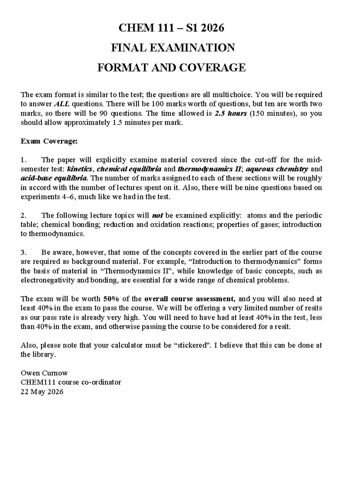 CHEM111 S1 2026 FINAL EXAM FORMAT & COVERAGE DETAILS - Studocu