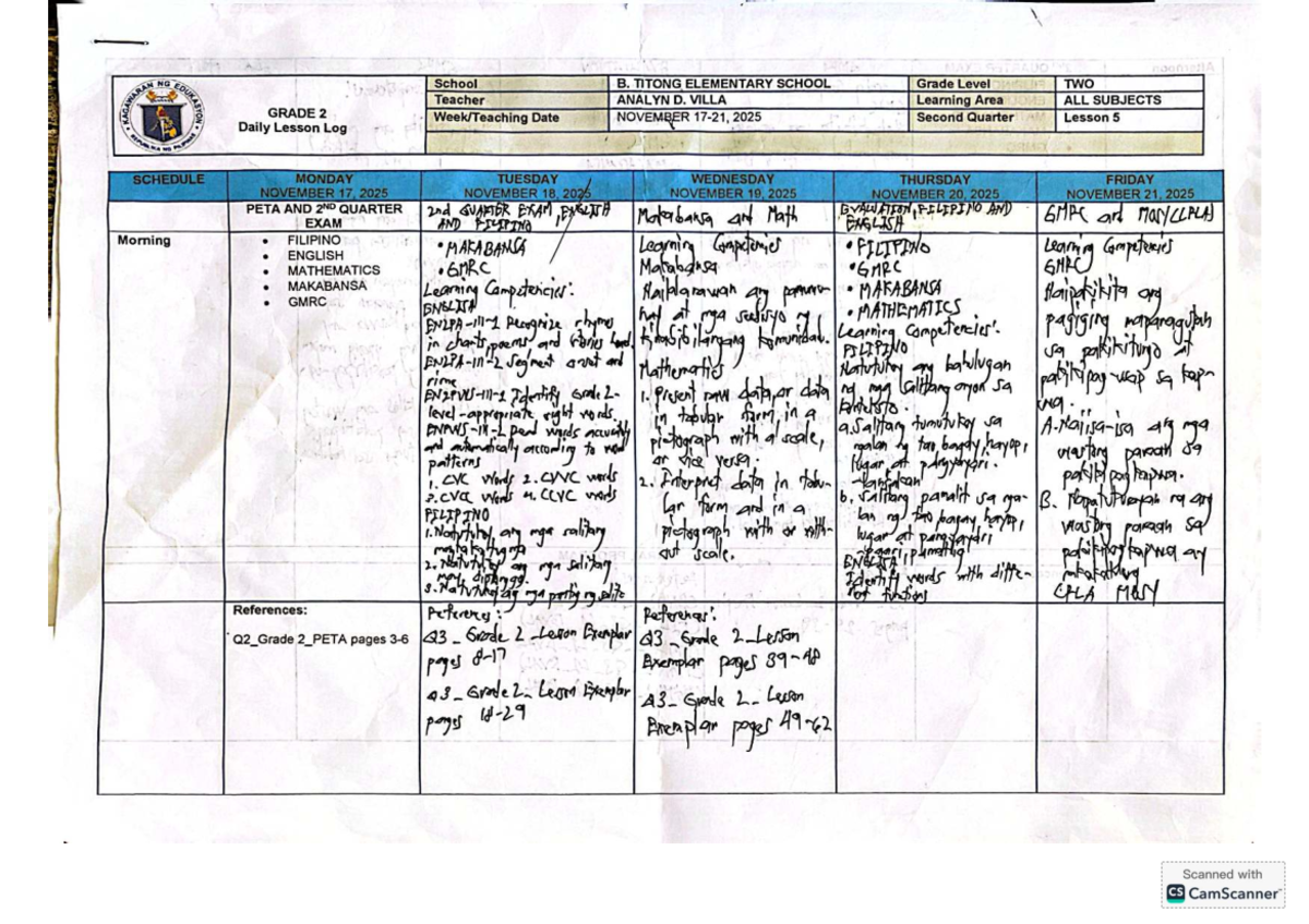 Grade 2 Lesson Plan: Daily Log for November 17-21, 2025 - Studocu