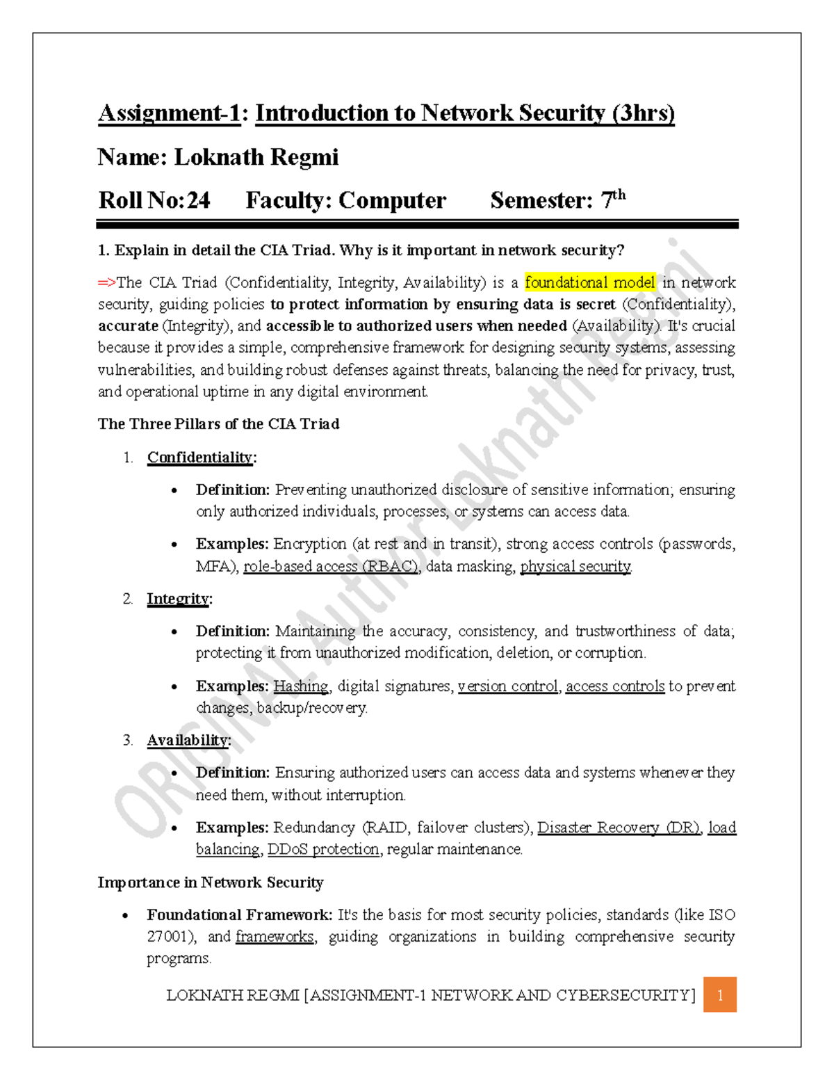 CIA Triad and Network Security Concepts (CS-7 Midterm) - Studocu