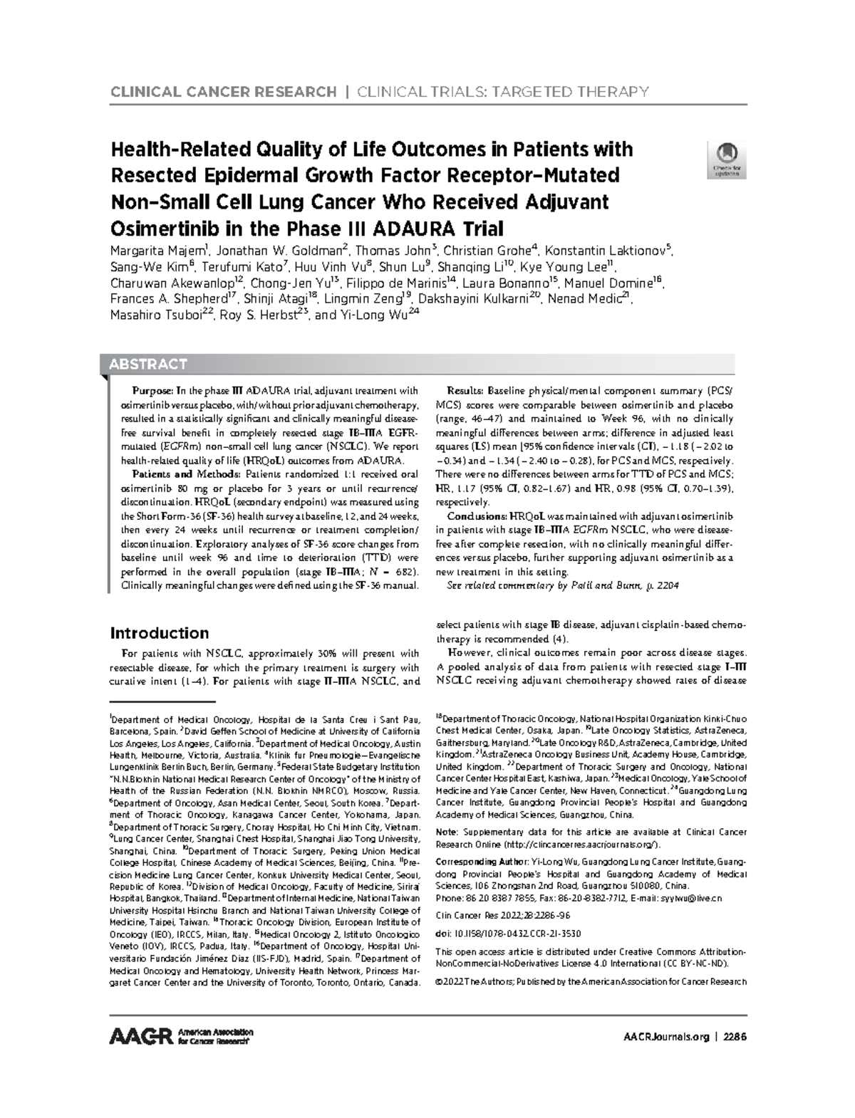 Quality of Life Outcomes in Resected EGFRm NSCLC: ADAURA Trial ...