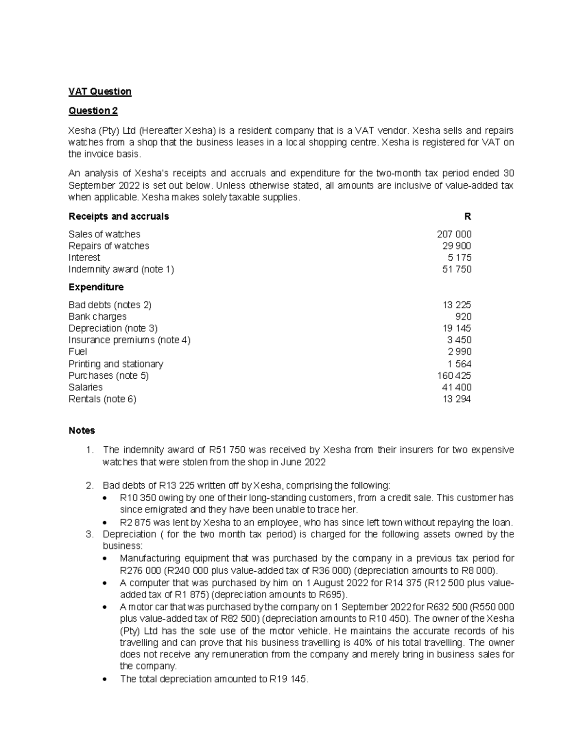 VAT Tutorial Question: Xesha (Pty) Ltd Analysis for Tax Period Ending ...
