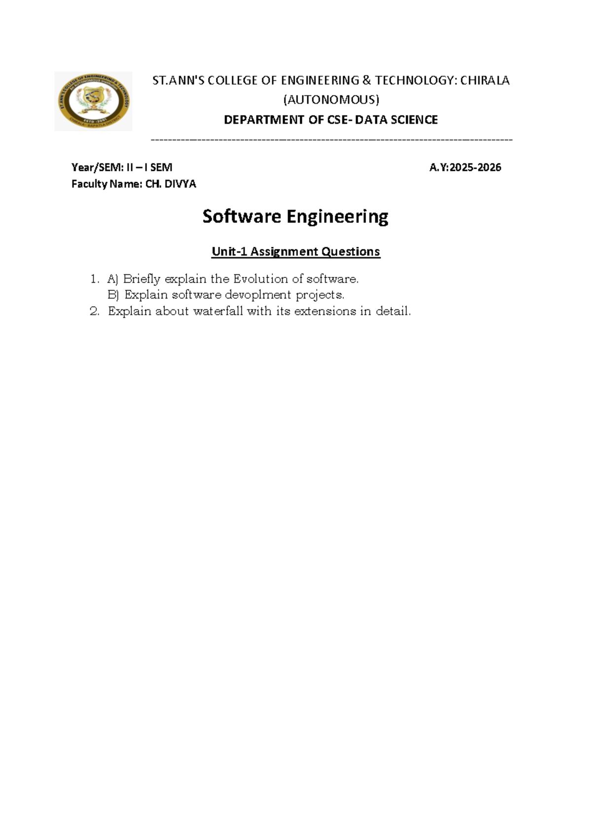 Unit -1 SE Assignment Questions - ST'S COLLEGE OF ENGINEERING ...