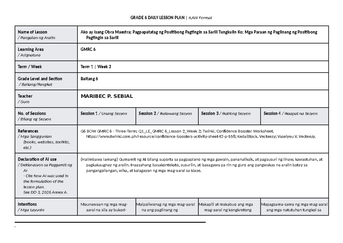 DTC ILAW DLL GMRC 6 T1 W2: Daily Lesson Plan on Positive Self-View ...