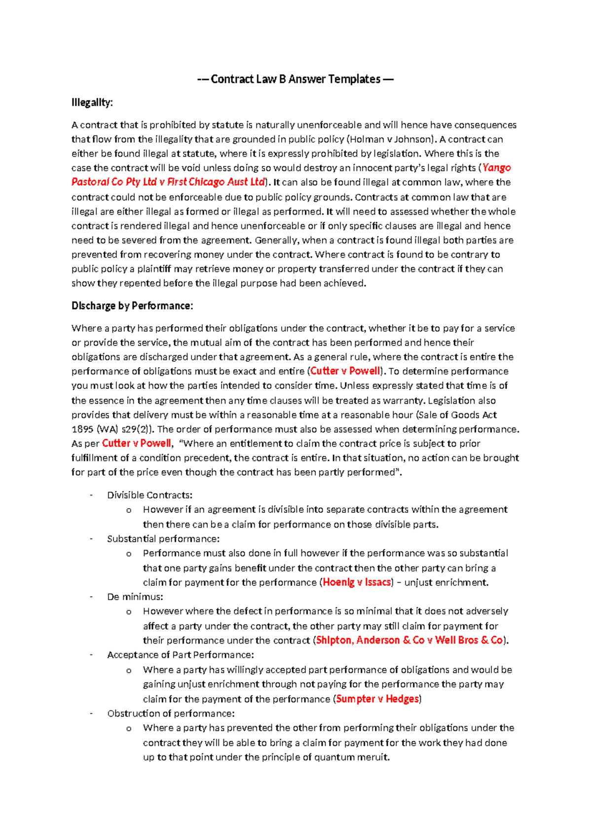 Contract Law B: Comprehensive Answer Templates for Key Concepts - Studocu