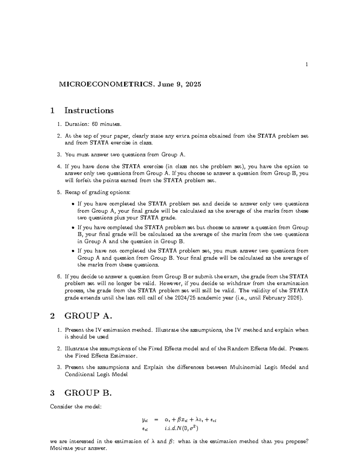 MICROECONOMETRICS Exam Instructions & Grading Options (June 2025) - Studocu
