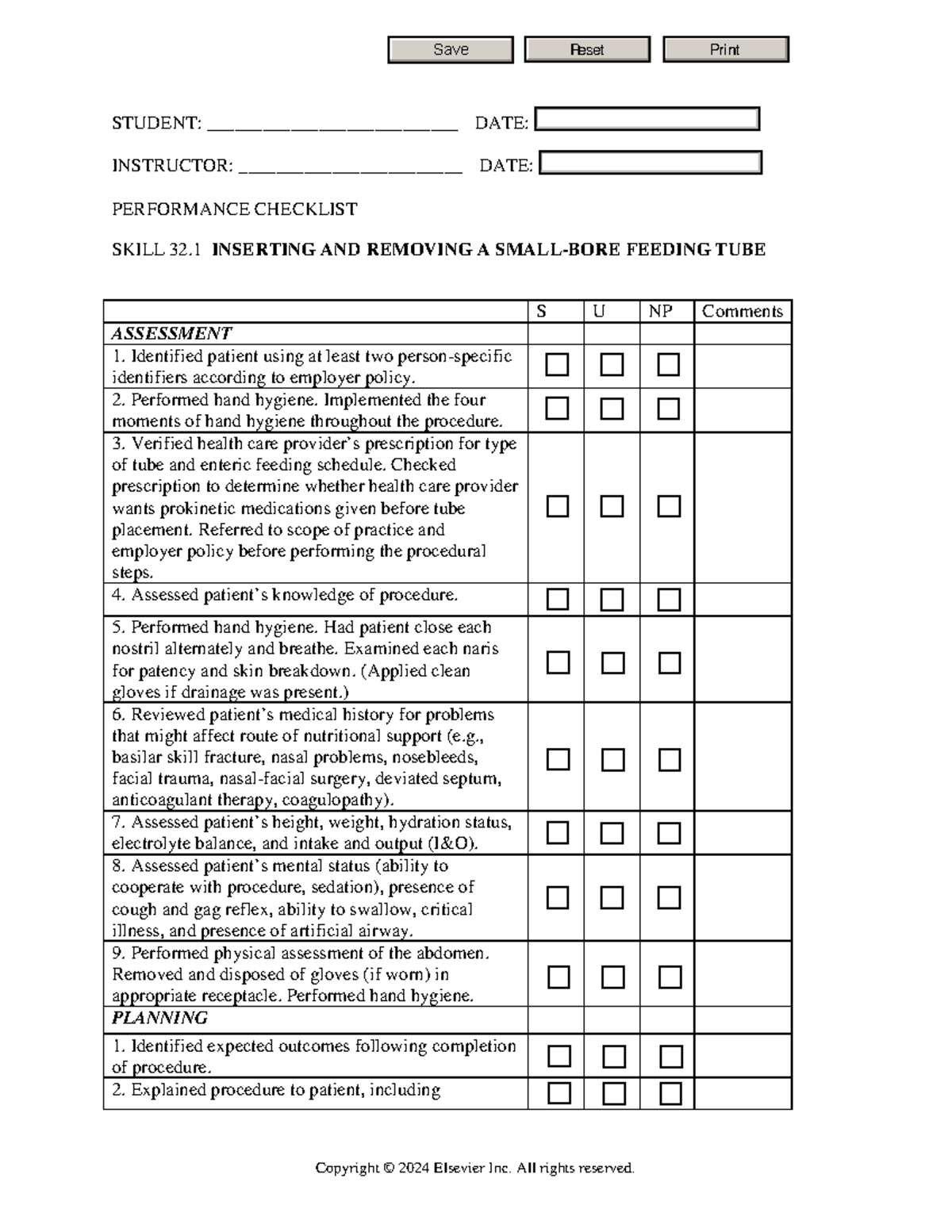 Skill 32.1 - Inserting and Removing a Small-Bore Feeding Tube Checklist ...